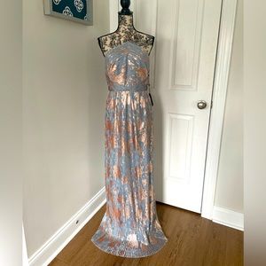 Adrianna Papell metallic blue and rose gold dress.
